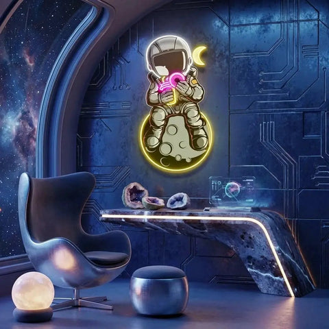 Astronaut With Donut And Coffee On Moon Artwork Led Neon Sign Light
