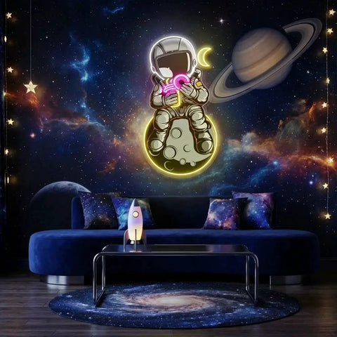 Astronaut With Donut And Coffee On Moon Artwork Led Neon Sign Light