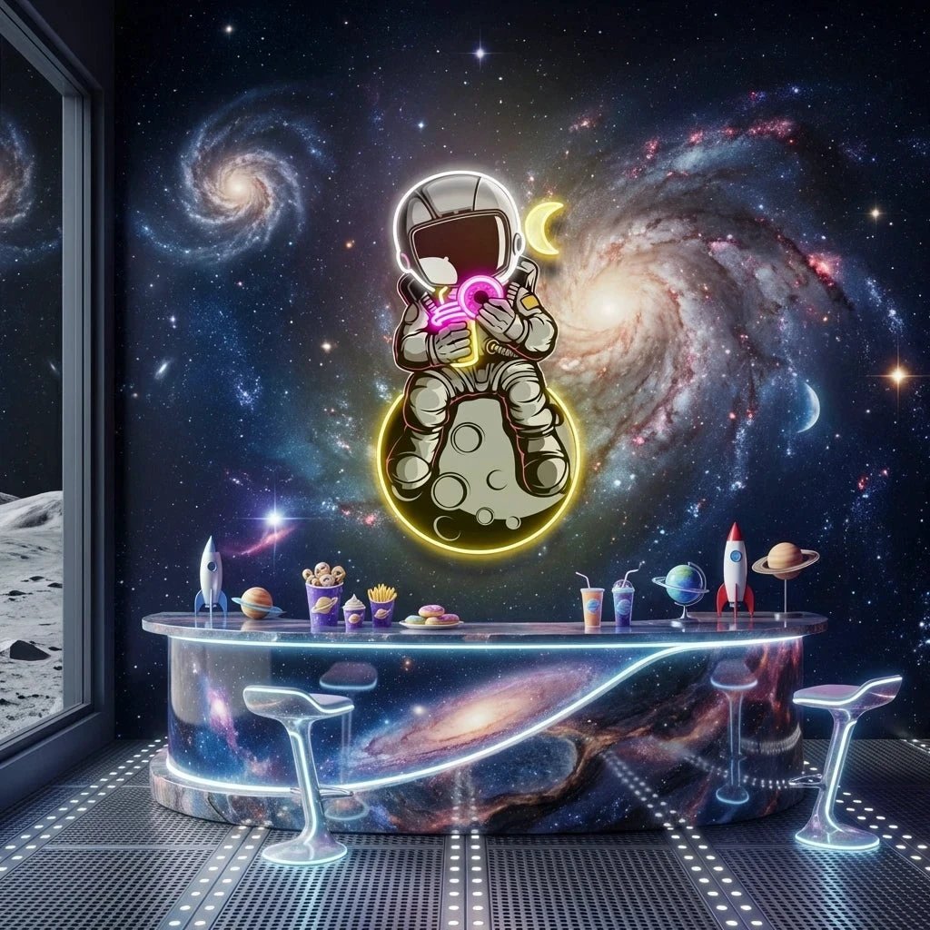 Astronaut With Donut And Coffee On Moon Artwork Led Neon Sign Light
