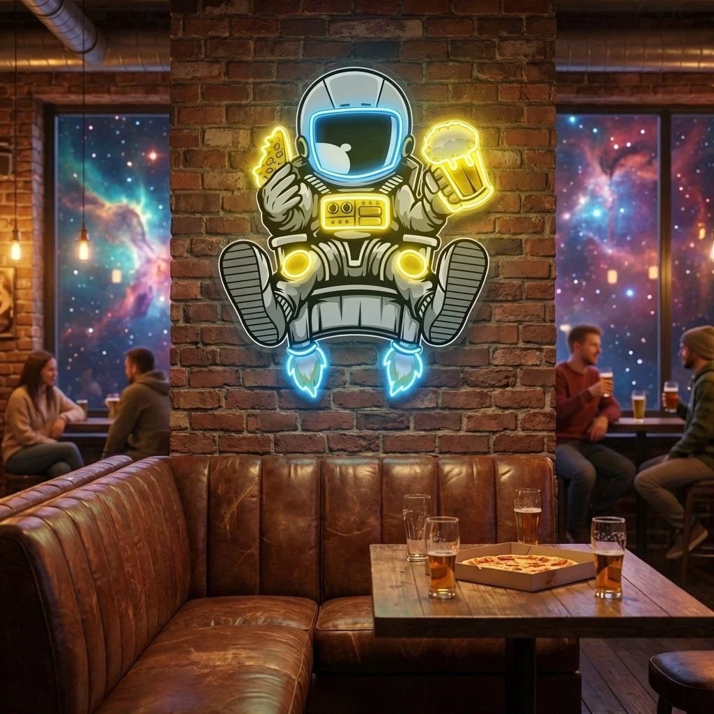 Astronaut Relax With Pizza And Beer Artwork Led Neon Sign Light