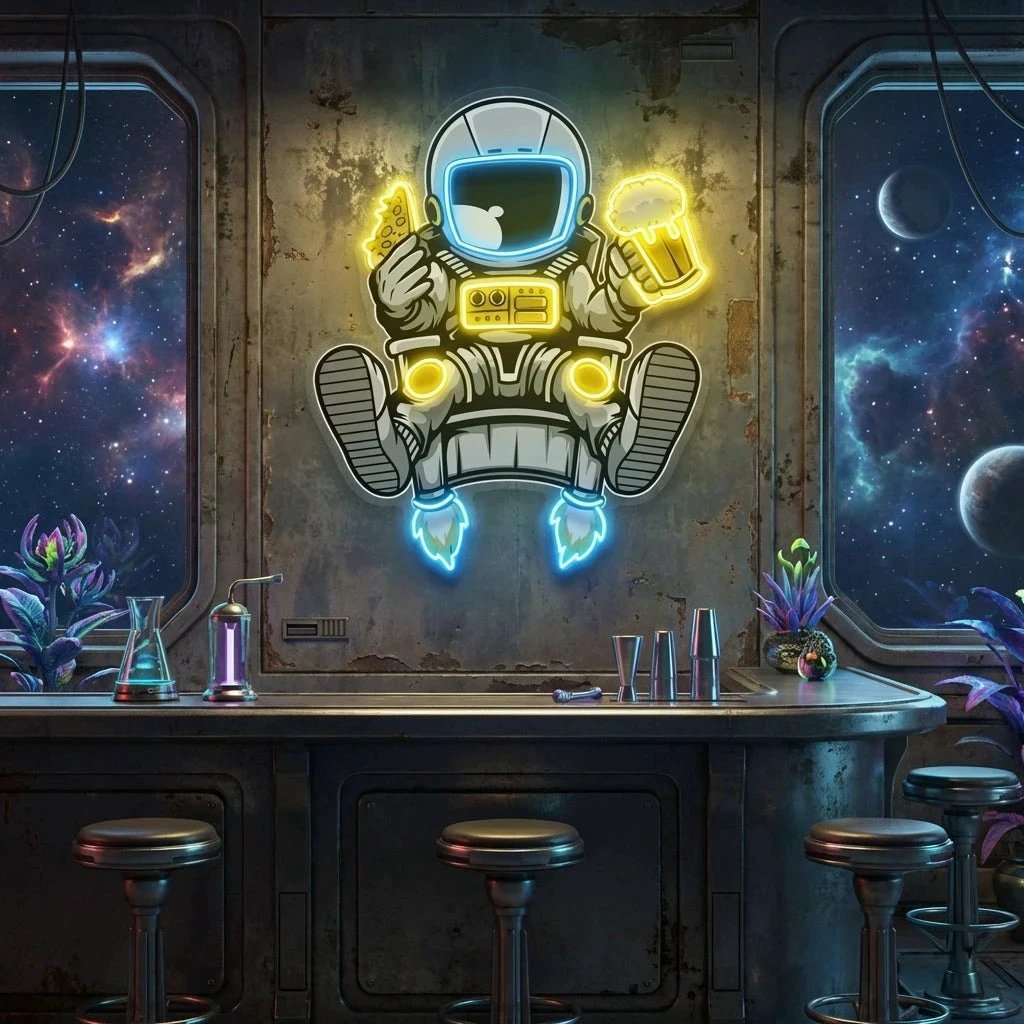 Astronaut Relax With Pizza And Beer Artwork Led Neon Sign Light
