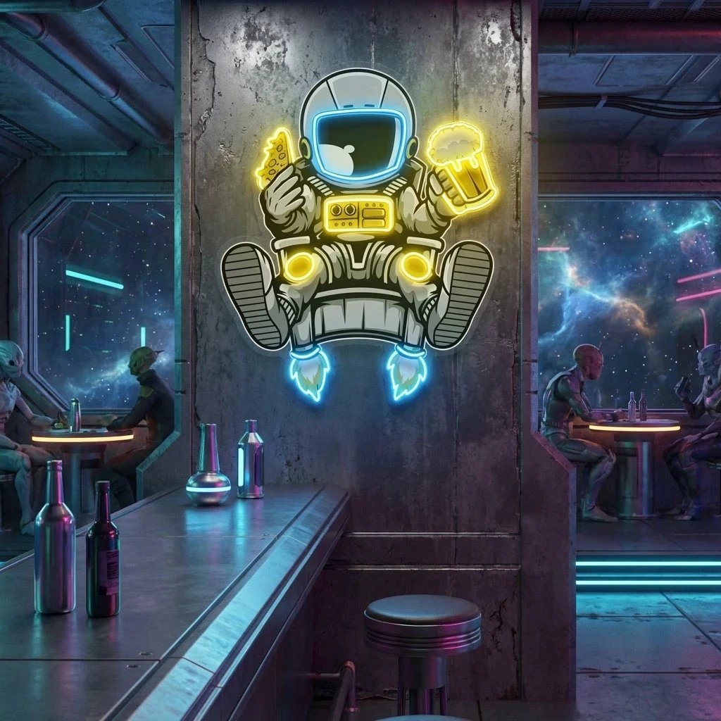 Astronaut Relax With Pizza And Beer Artwork Led Neon Sign Light