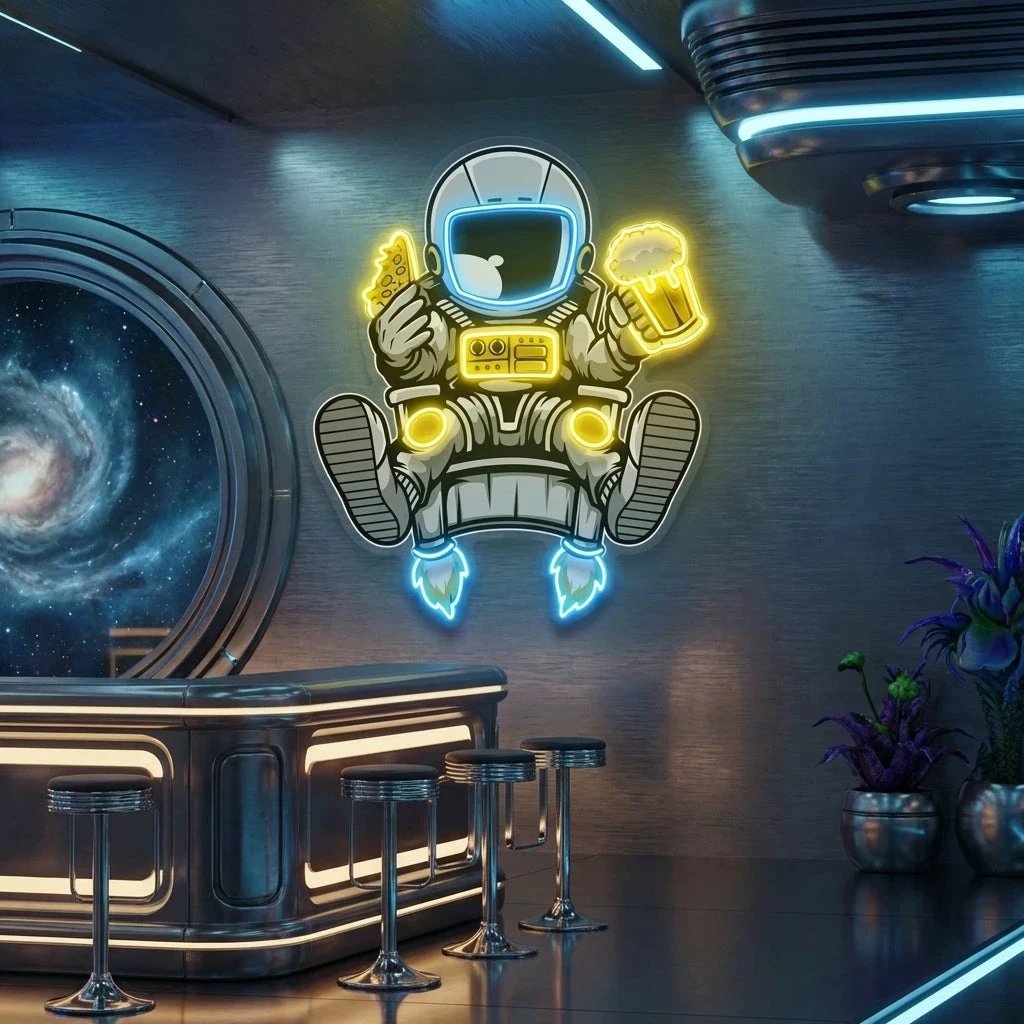 Astronaut Relax With Pizza And Beer Artwork Led Neon Sign Light