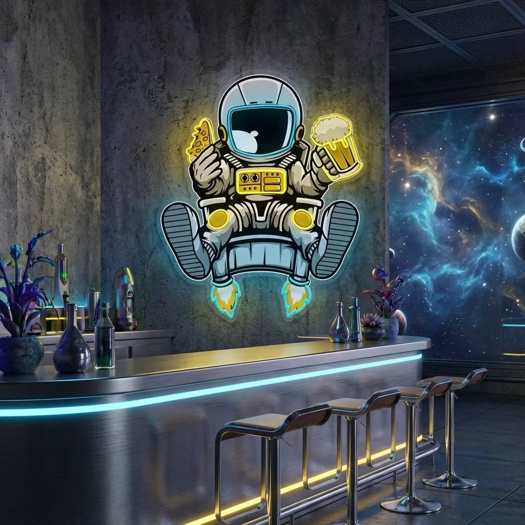 Astronaut Relax With Pizza And Beer Artwork Led Neon Sign Light