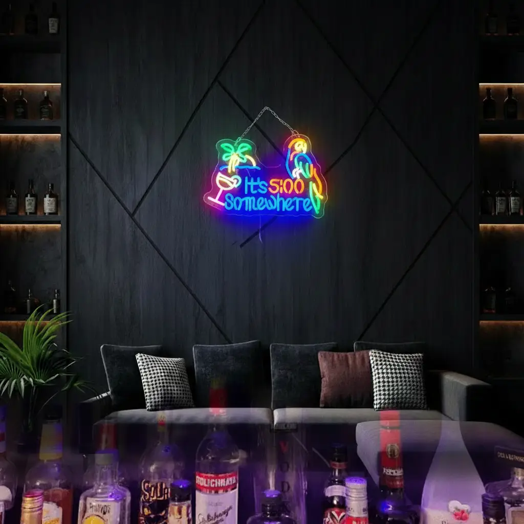 Small It's 5:00 Somewhere tiki neon sign above a home bar with bottles