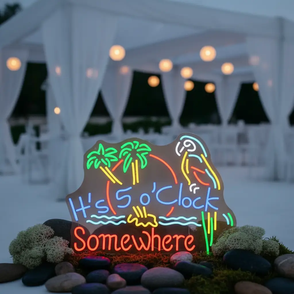 It's 5 O'Clock Somewhere neon sign with palm trees and parrot on rocks at an outdoor evening event