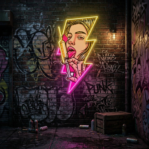 Beautiful Woman Is Holding An Injection LED Neon Sign Light Pop Art