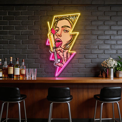 Beautiful Woman Is Holding An Injection LED Neon Sign Light Pop Art