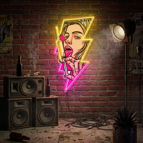Beautiful Woman Is Holding An Injection LED Neon Sign Light Pop Art