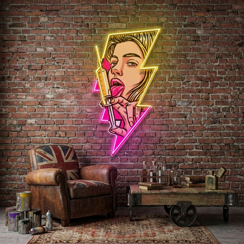 Beautiful Woman Is Holding An Injection LED Neon Sign Light Pop Art
