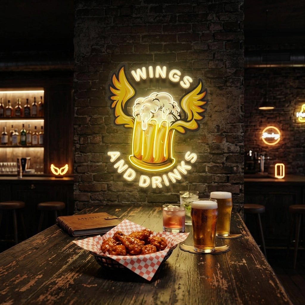 Beer Drinks and Wings Mascot Artwork Led Neon Sign Light
