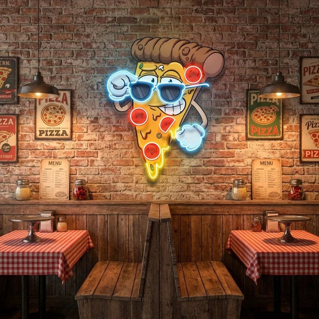 Cute Slice Of Cartoon Pizza Artwork Led Neon Sign Light