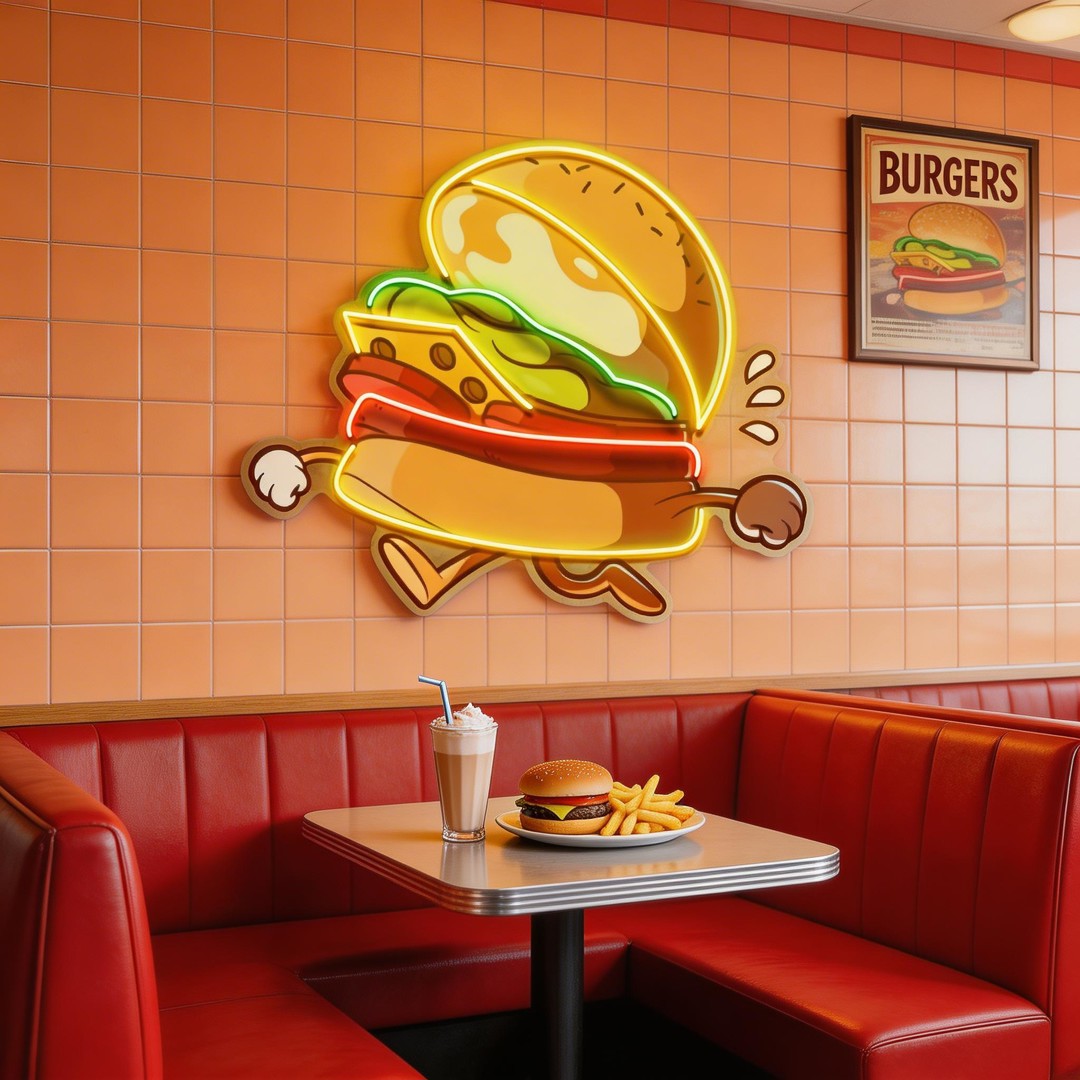 Burger Running LED Neon Sign Light Pop Art