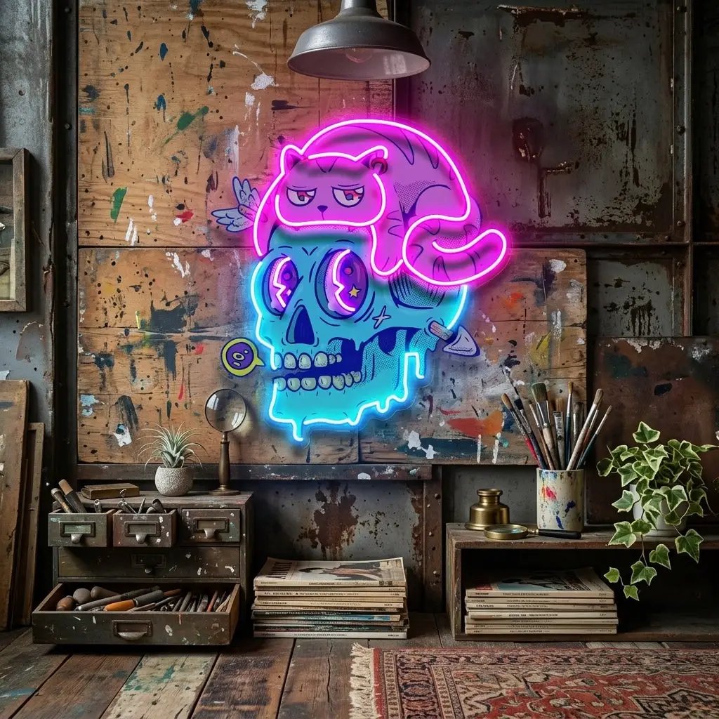 Cat And Skull LED Neon Sign Light Pop Art