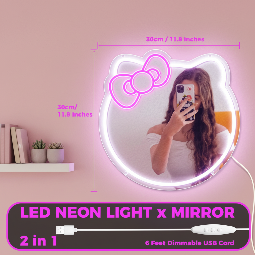 Anime Cat Mirror Neon Sign for Wall Decor Girls Dresser Decor