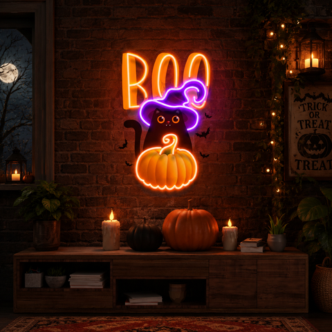 Cat Pumpkin Halloween Artwork Led Neon Sign Light