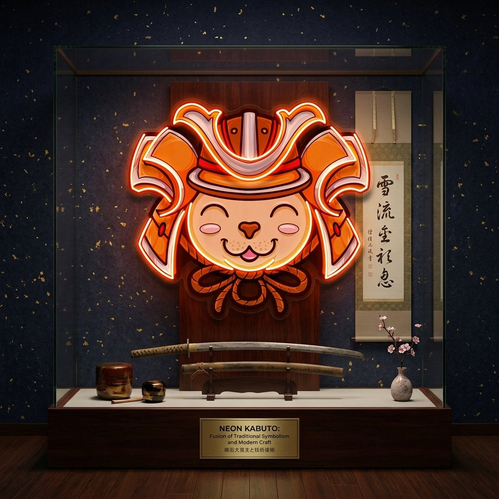 Cat Wearing Samurai Helmet LED Neon Sign Light Pop Art
