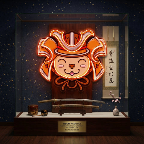 Cat Wearing Samurai Helmet LED Neon Sign Light Pop Art