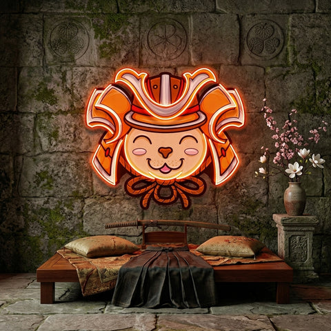 Cat Wearing Samurai Helmet LED Neon Sign Light Pop Art