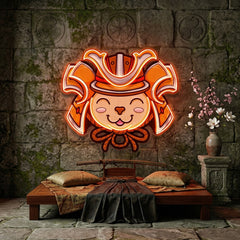 Cat Wearing Samurai Helmet LED Neon Sign Light Pop Art