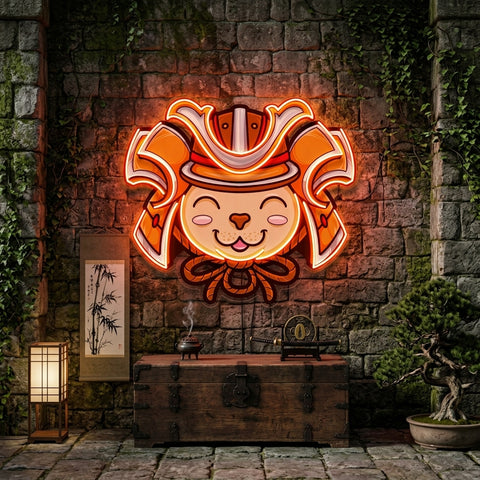 Cat Wearing Samurai Helmet LED Neon Sign Light Pop Art