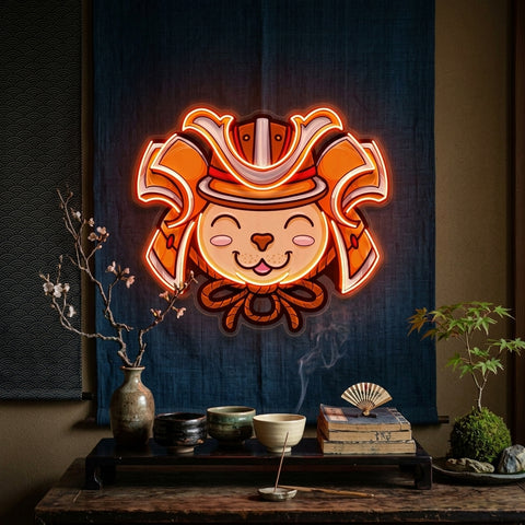 Cat Wearing Samurai Helmet LED Neon Sign Light Pop Art