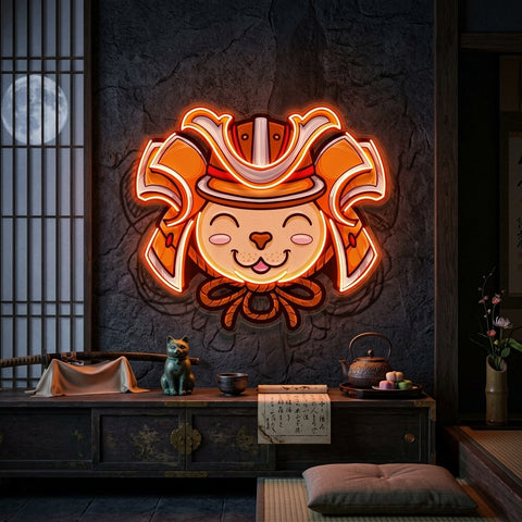 Cat Wearing Samurai Helmet LED Neon Sign Light Pop Art