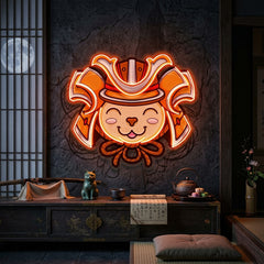 Cat Wearing Samurai Helmet LED Neon Sign Light Pop Art
