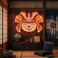 Cat Wearing Samurai Helmet LED Neon Sign Light Pop Art