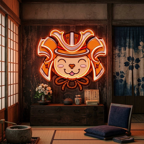 Cat Wearing Samurai Helmet LED Neon Sign Light Pop Art