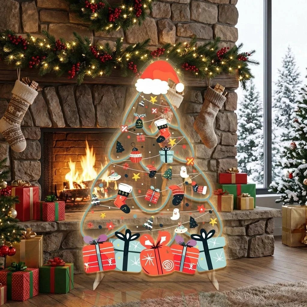 Santa Hat Christmas Tree LED Neon Sign with Festive Ornaments and Gifts