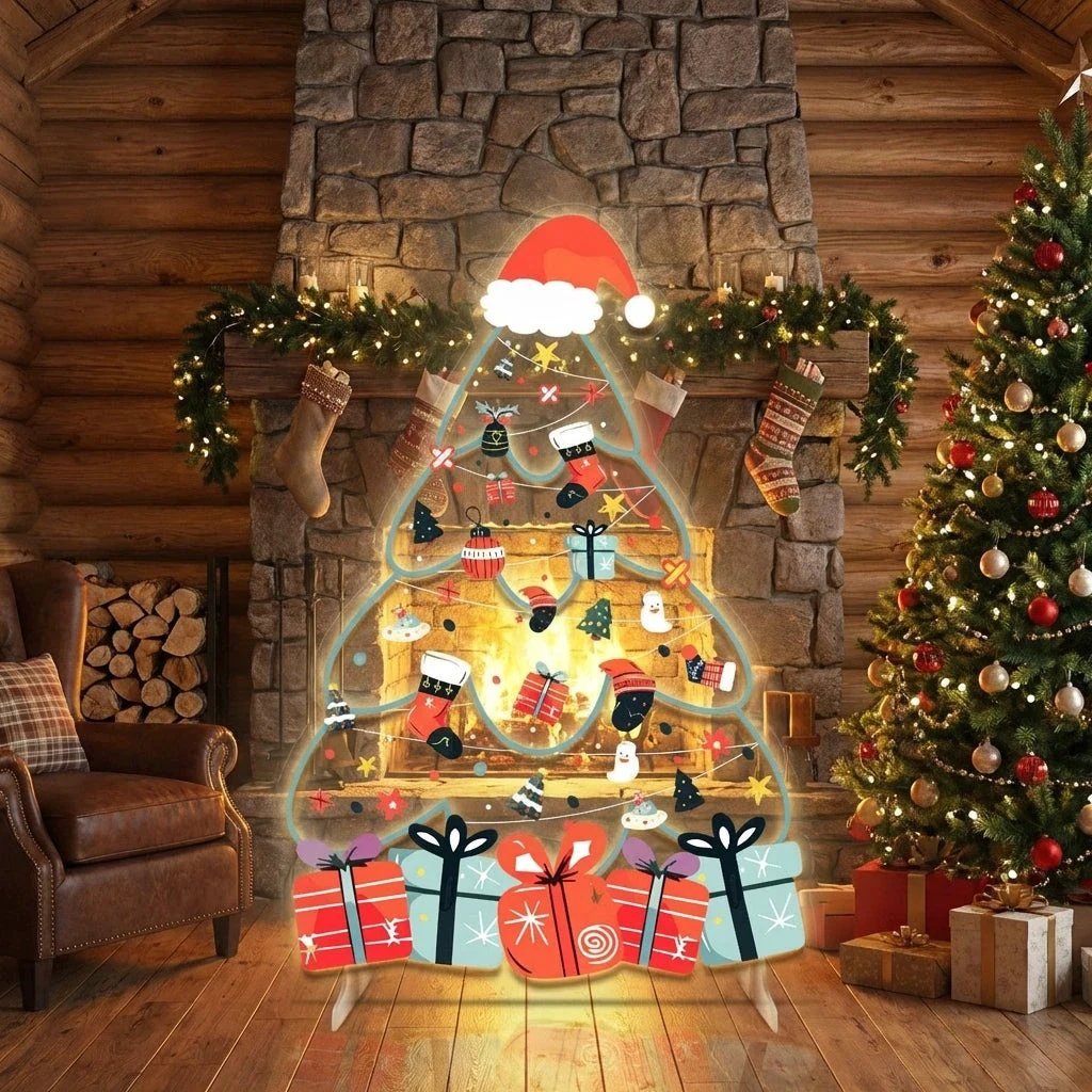 Santa Hat Christmas Tree LED Neon Sign with Festive Ornaments and Gifts