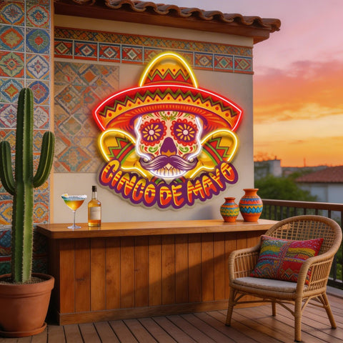 Cinco De Mayo Skull Mascot LED Neon Sign Light Pop Art