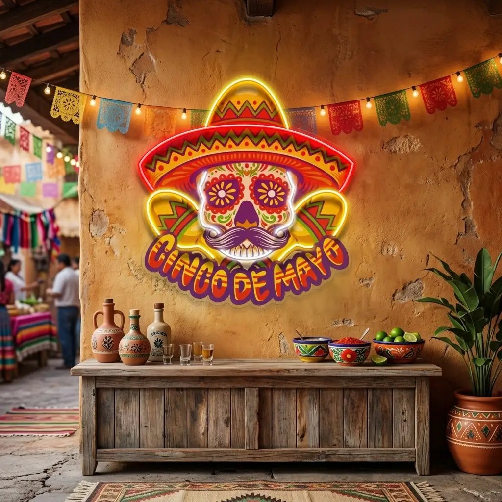 Cinco De Mayo Skull Mascot LED Neon Sign Light Pop Art