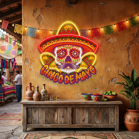 Cinco De Mayo Skull Mascot LED Neon Sign Light Pop Art