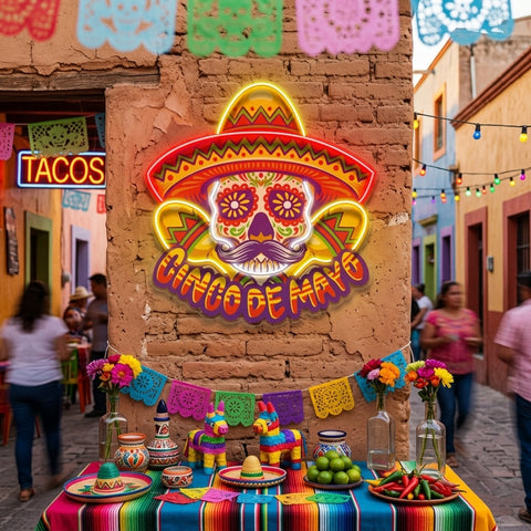 Cinco De Mayo Skull Mascot LED Neon Sign Light Pop Art