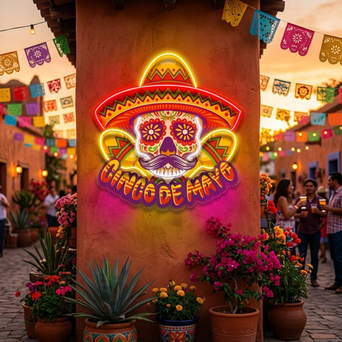 Cinco De Mayo Skull Mascot LED Neon Sign Light Pop Art
