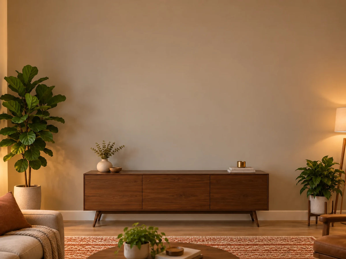 A living room with a 72-inch walnut credenza against a plain wall, showing a pink Welcome Home neon sign at the selected width