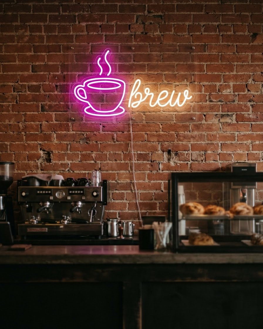 Custom LED neon logo sign in a coffee shop