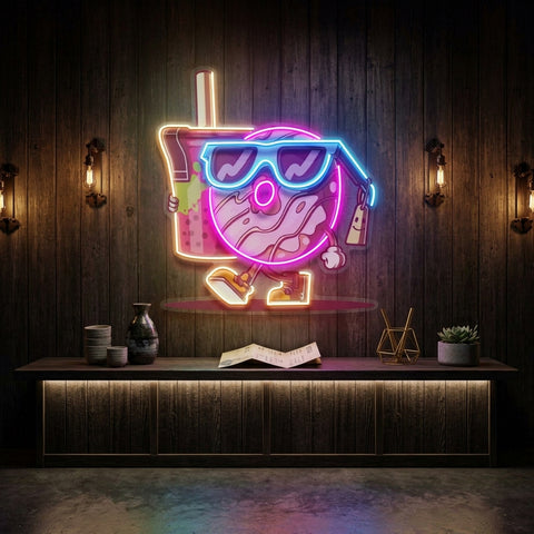 Cool Donut Holding a Tea Cup LED Neon Sign Light Pop Art