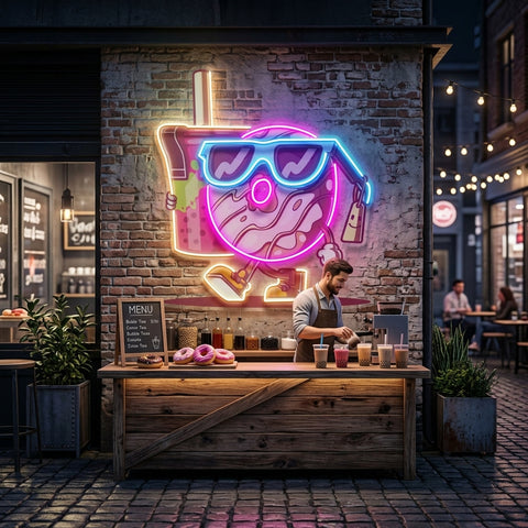 Cool Donut Holding a Tea Cup LED Neon Sign Light Pop Art