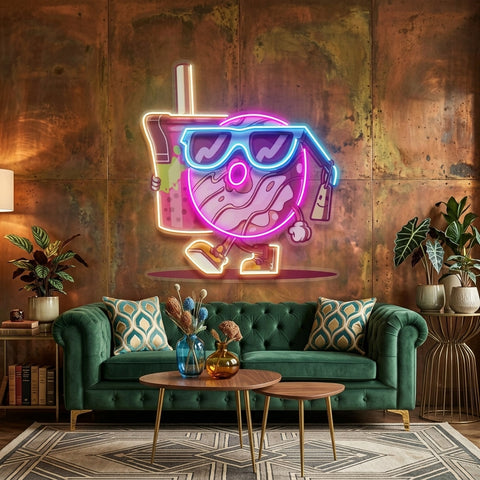 Cool Donut Holding a Tea Cup LED Neon Sign Light Pop Art