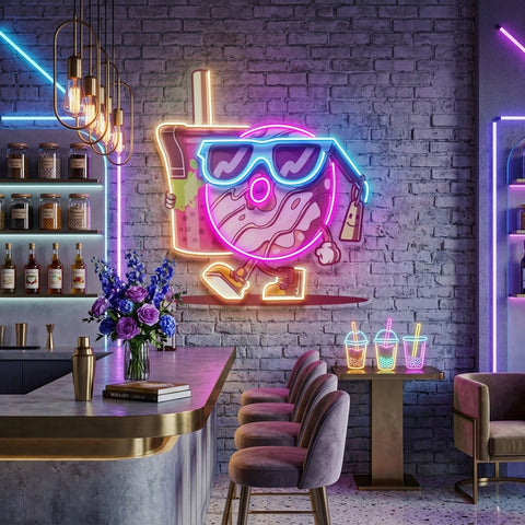 Cool Donut Holding a Tea Cup LED Neon Sign Light Pop Art