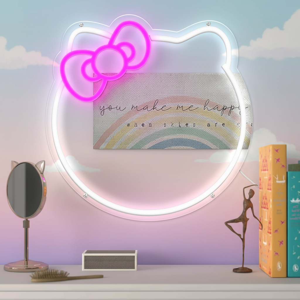 Anime Cat Mirror Neon Sign for Wall Decor Girls Dresser Decor