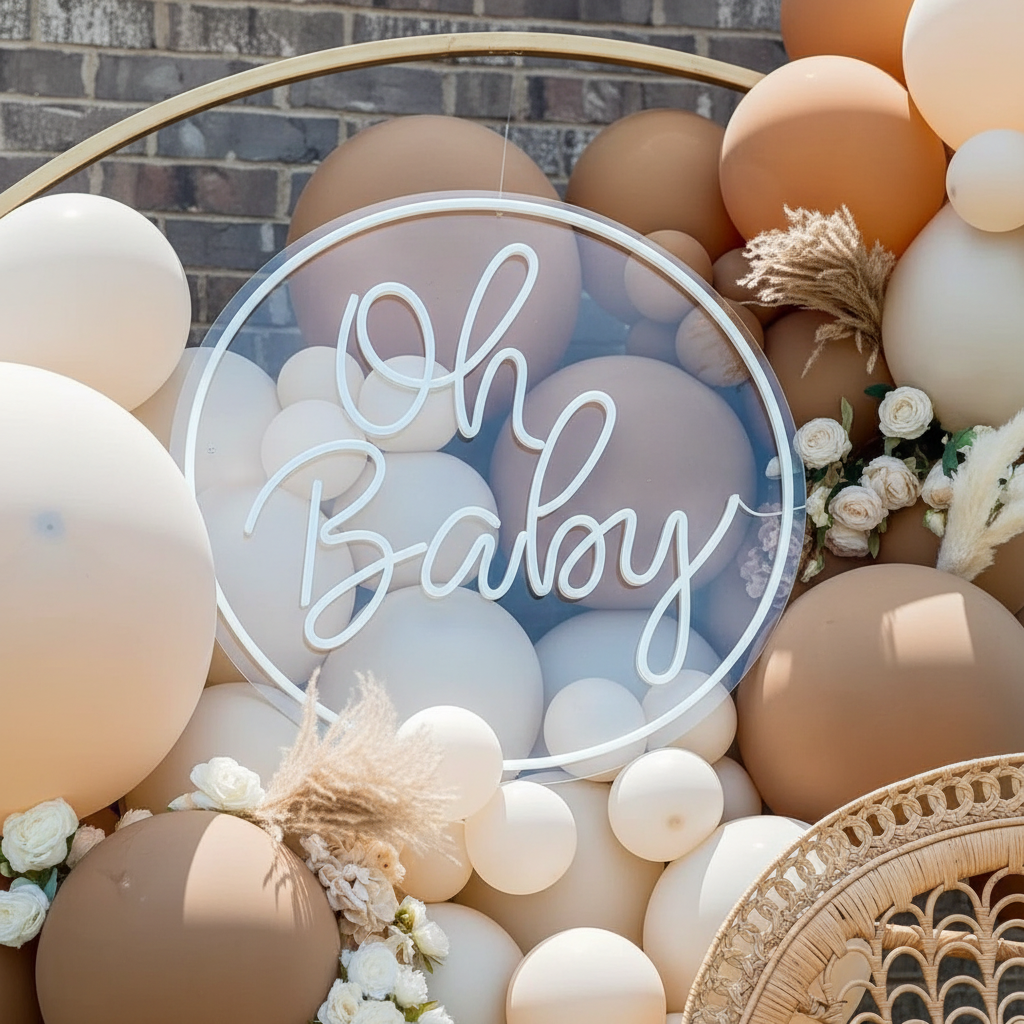 Round Oh Baby Neon Sign for Baby Shower Birthday Party Decor
