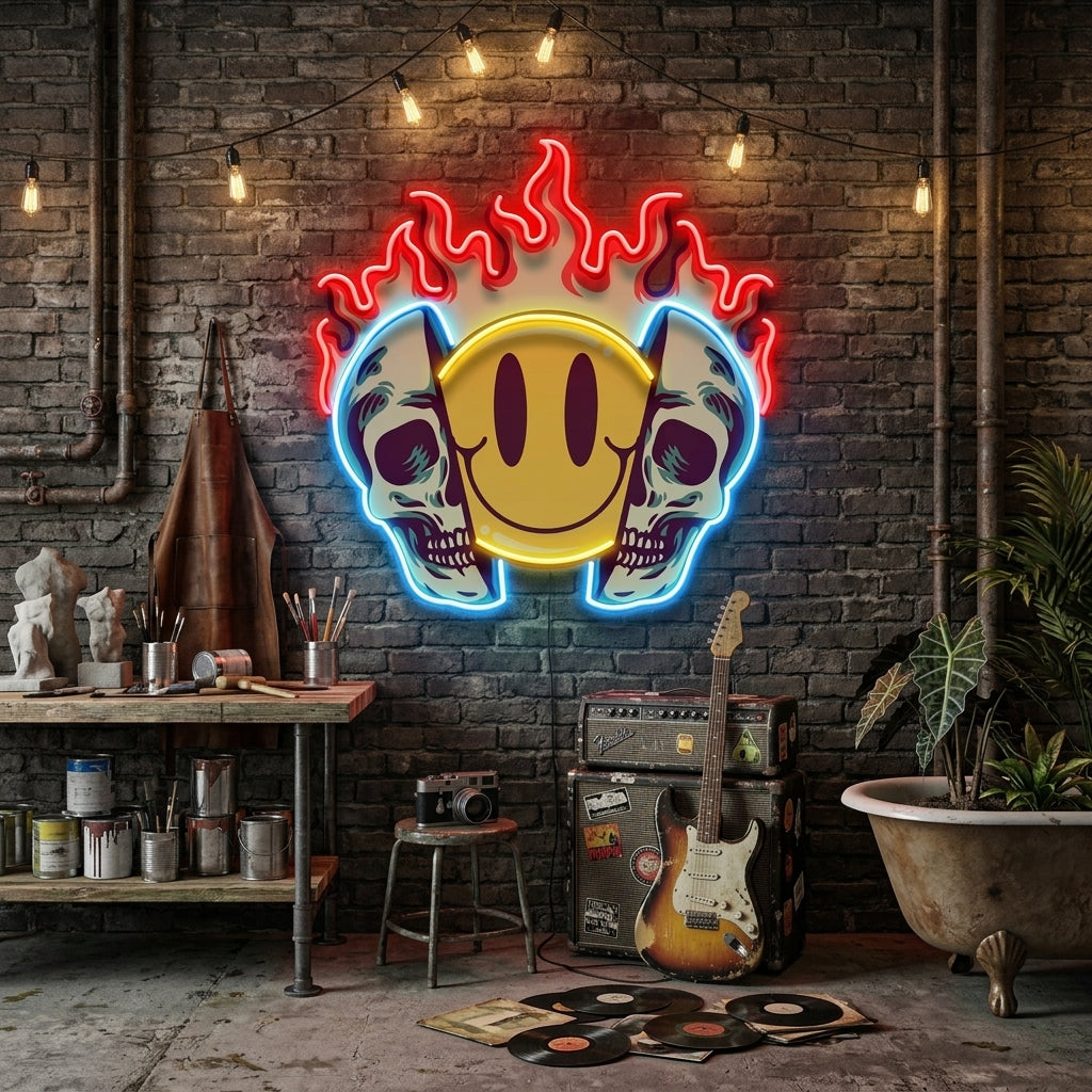 Fire Emoji Skull LED Neon Sign Light Pop Art