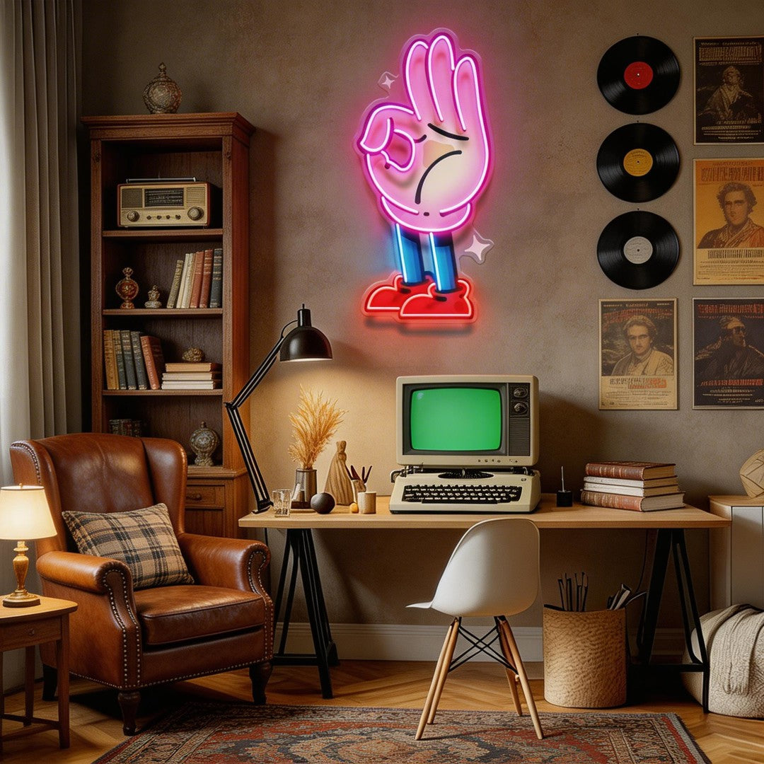 Flat Ok Fingers Hand LED Neon Sign Light Pop Art