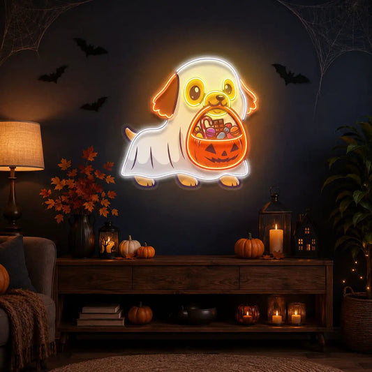 Ghost Dog With Pumpkin LED Neon Sign Light Pop Art