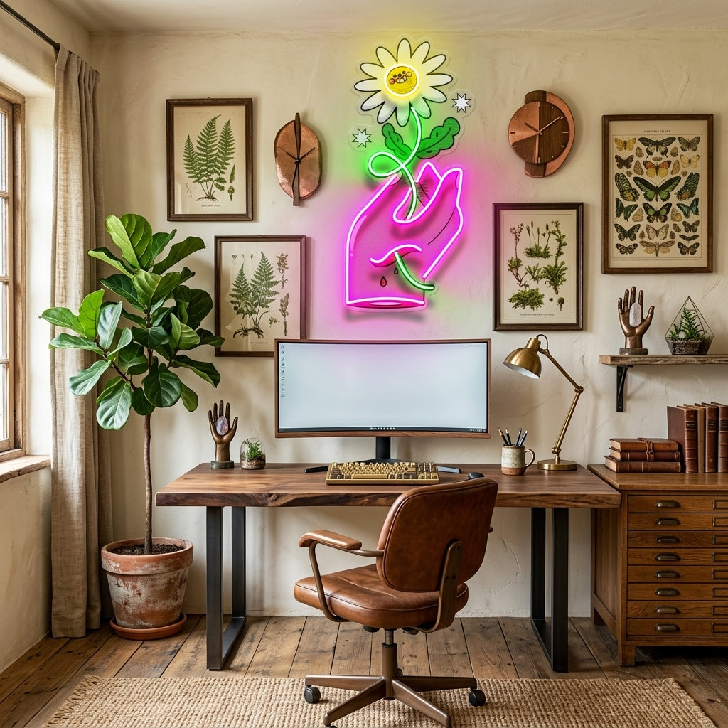 Hand Holding Flower LED Neon Sign Light Pop Art