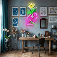 Hand Holding Flower LED Neon Sign Light Pop Art